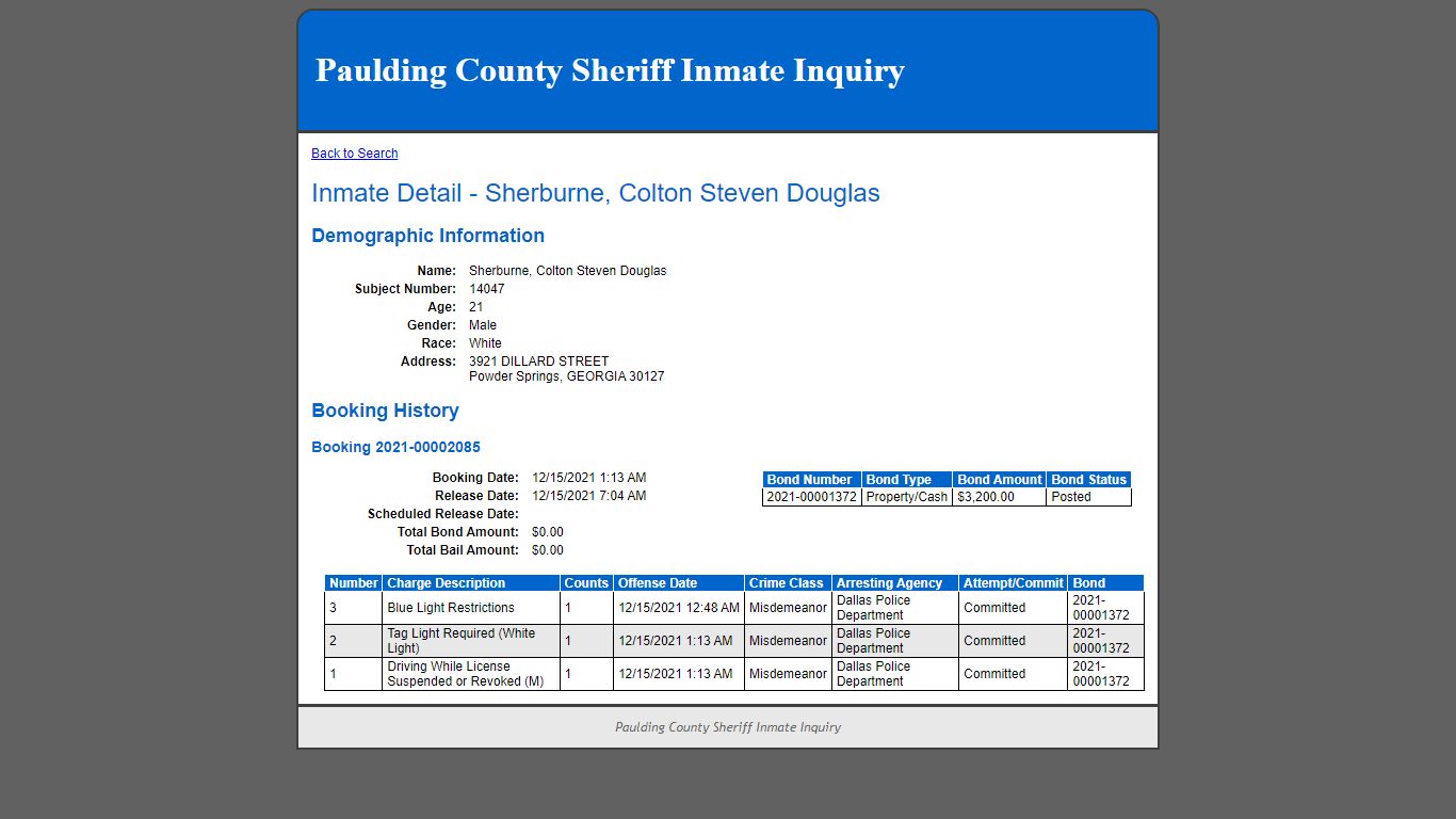Inmate Detail - Sherburne, Colton Steven Douglas